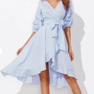 Bishop Sleeve Wrap Pinstripe Ruffle Dress